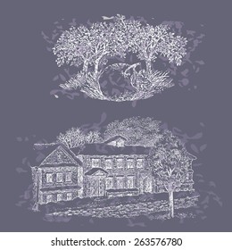 Hand drawn vector illustration with, City landscape, winter, at home, tree, snow. Vector set on a spotty background.