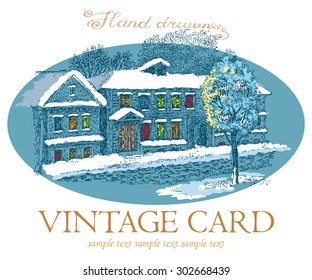 Hand drawn vector illustration with, city landscape, winter, at home, tree, snow.Vintage card.