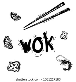 Hand drawn vector illustration - Wok pan, chinese noodles, pepper, shrimp, lime, chopsticks.
