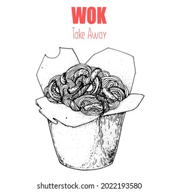 Hand drawn vector illustration - Wok box sketch. Noodles in a carton box. Asian food.