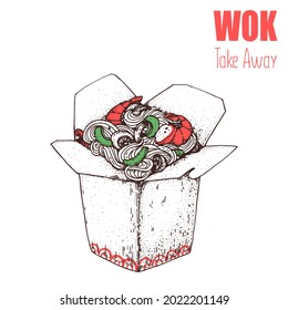 Hand drawn vector illustration - Wok box sketch. Noodles in a carton box. Asian food.
