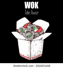 Hand drawn vector illustration - Wok box sketch. Noodles in a carton box. Asian food.