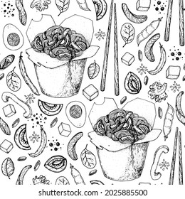 Hand drawn vector illustration - Wok box seamless pattern, ingredients for wok . Sketch background. Noodles in a carton box. Asian food.