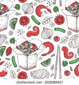Hand drawn vector illustration - Wok box seamless pattern, ingredients for wok . Sketch background. Noodles in a carton box. Asian food.