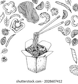 Hand drawn vector illustration - Wok box sketch, ingredients for wok . Noodles in a carton box. Asian food.	