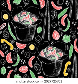 Hand drawn vector illustration - Wok box seamless pattern, ingredients for wok . Sketch background. Noodles in a carton box. Asian food.