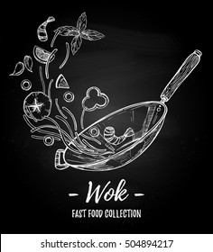 Hand drawn vector illustration - Wok pan, chinese noodles, tomato, pepper, shrimp, olive, basil etc. Asian fast food. Perfect for leaflets, cards, posters, prints, menu, booklets