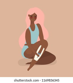 hand drawn vector illustration of woman removing legs hair with razor  