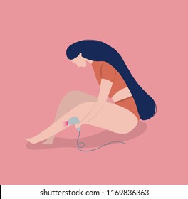 hand drawn vector illustration of woman removing legs hair with laser epilator