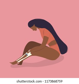 hand drawn vector illustration of woman removing legs hair with razor  