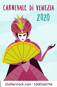 Hand drawn vector illustration with woman in mask, elegant colorful carnival costume, Italian text Carnevale di Venezia. Flat style design. Concept for Carnival of Venice poster, flyer, banner.