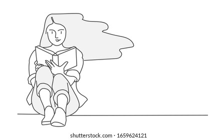 Hand drawn vector illustration of woman reading book on floor.