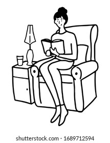 Hand drawn vector illustration. Woman is sitting in a comfortable chair and reading a book. Favorite home hobby concept. Black outline graphic picture isolated in white. Doodles, flat, simple style.