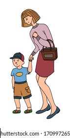 Hand drawn vector illustration. Woman with a small child. Mother and son hold hands. Doodles of people in a casual style in full growth. Colored cartoon drawing isolated on white. Flat, simple picture