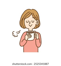 Hand drawn vector illustration of woman drinking coffee and relaxed
