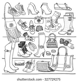 Hand drawn vector Illustration of woman fashion accessories. Side view of shoes and bags on shelf. Fall and winter shoes, boots black and white sketch.  