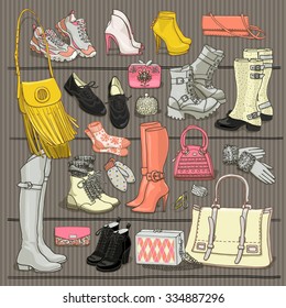 Hand drawn vector Illustration of woman fashion accessories. Side view of shoes and bags on shelf. Fall and winter shoes, boots, bags set. Fashion collection sketch.