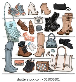 Hand drawn vector Illustration of woman fashion accessories. Side view of shoes and bags on shelf. Fall and winter shoes, boots, bags set. Fashion collection sketch.