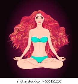 
Hand drawn vector illustration of woman sitting in lotus pose of yoga. Meditation concept. Character