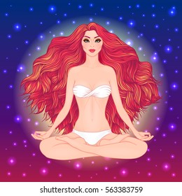 Hand drawn vector illustration of woman sitting in lotus pose of yoga. Meditation concept. Character