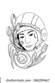 Hand drawn vector illustration woman space. Ptint for t-shirt.