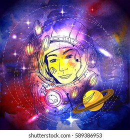 Hand drawn vector illustration woman space. Ptint for t-shirt.