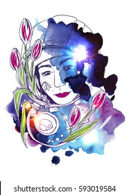 Hand drawn vector illustration woman space. Print for t-shirt.