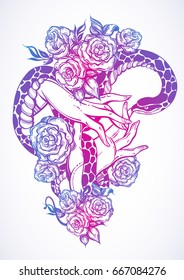 Hand drawn vector illustration with woman's hands holding a snake among roses. Beautifully detailed artwork. Concept art. Tattoo element, dark romance, boho style. Perfect design for prints, t-shirts.