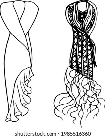 Hand drawn vector illustration. Women dresses. Linear ink pen drawing, isolated black on white background