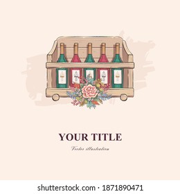 Hand drawn vector illustration of wooden shelf with wine bottles