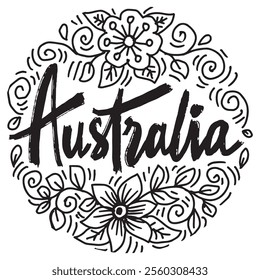 Hand drawn vector illustration of the word Australia with floral background	