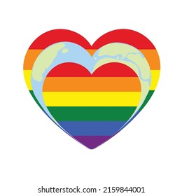 Dibujó a mano una ilustración vectorial del mundo en forma de corazón entre un par de corazones LGBT de orgullo aislados en fondo blanco.
