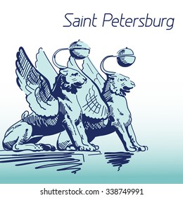 Hand Drawn Vector Illustration. World Famous Landmark Series: Russia, Saint Petersburg,Bank Bridge. Symbol of Saint Petersburd: Bronze Cats with Golden Wings - Griffins.