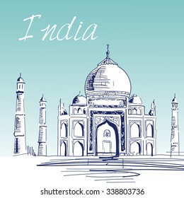Hand Drawn Vector Illustration. World Famous Landmark Series: India,Agra, Taj Mahal 