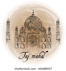 Hand Drawn Vector Illustration. World famous landmark series: Taj Mahal, India. Decorative vintage ornament. Indian, Buddhism, tattoo, religion