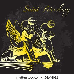 Hand Drawn Vector Illustration. World Famous Landmark Series: Russia, Saint Petersburg,Bank Bridge. Symbol of Saint Petersburg: Bronze Cats with Golden Wings - Griffins