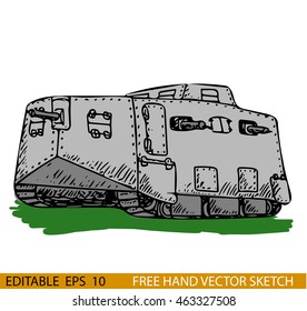 Hand drawn vector illustration of a World War 2 style battle tank. 
