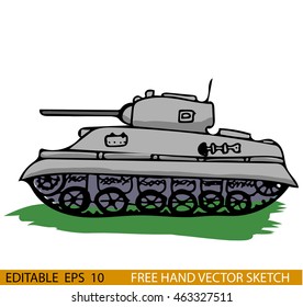 Hand drawn vector illustration of a World War 2 style battle tank. 