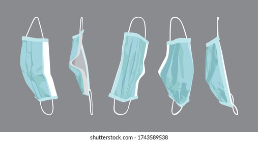 Hand drawn vector illustration of worn, used surgical face masks, that provides some protection against the spread of diseases and viruses to the wearer.