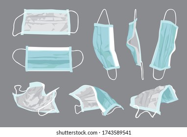 Hand drawn vector illustration of worn, used surgical face masks, that provides some protection against the spread of diseases and viruses to the wearer.