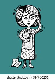 Hand drawn vector illustration of worried woman in dress with paper