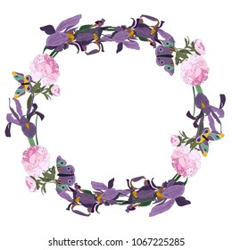 Hand drawn vector illustration wreath with irises, peony and butterfly