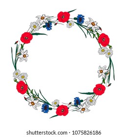 Hand drawn vector illustration wreath with chamomile, narcissus, cornflower