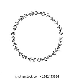 Hand drawn vector illustration. Wreath of simple twigs with rounded leaves. Black lines on white background, sketch, Doodle style. Space for text