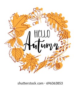 Ilustración vectorial dibujada a mano. Corona con hojas de otoño. Elementos de diseño forestal. Hola Texto de letras de otoño en el marco de símbolos de otoño