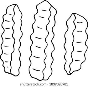 Hand drawn vector illustration of wrinkles cut French fries pattern pattern. set of French fries with a black line isolated on a white background .