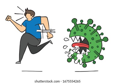 Dibujo vectorial hecho a mano del virus de la corona de Wuhan, covid-19. Hombre huyendo del virus.