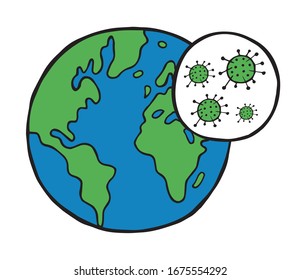 Handgezeichnete Vektorillustration Illustration des Wuhan-Corona-Virus, Covid-19. Weltkugel und Viren.