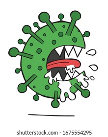 Hand drawn vector illustration of Wuhan corona virus, covid-19. Monster.