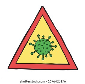 Dibujo vectorial hecho a mano del virus de la corona de Wuhan, covid-19. Símbolo de peligro.